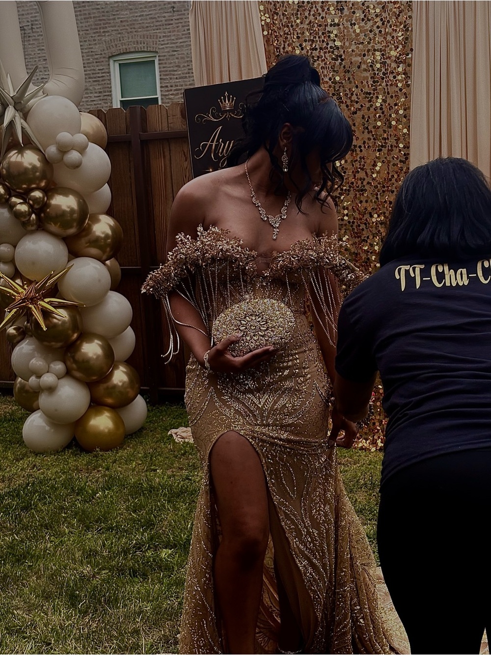 & Other Stories Gold Beaded Off-Shoulder Prom Gown